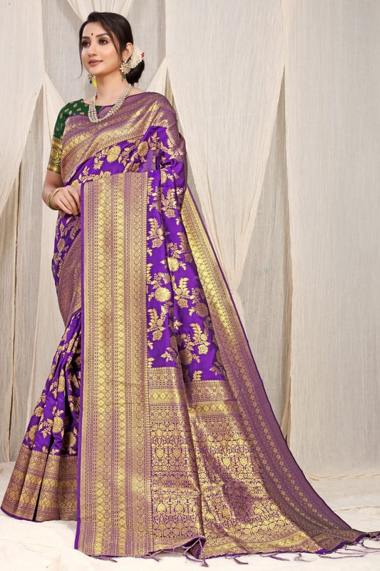 Gorgeous Purple Banarasi Silk Saree With Adorable Blouse Piece