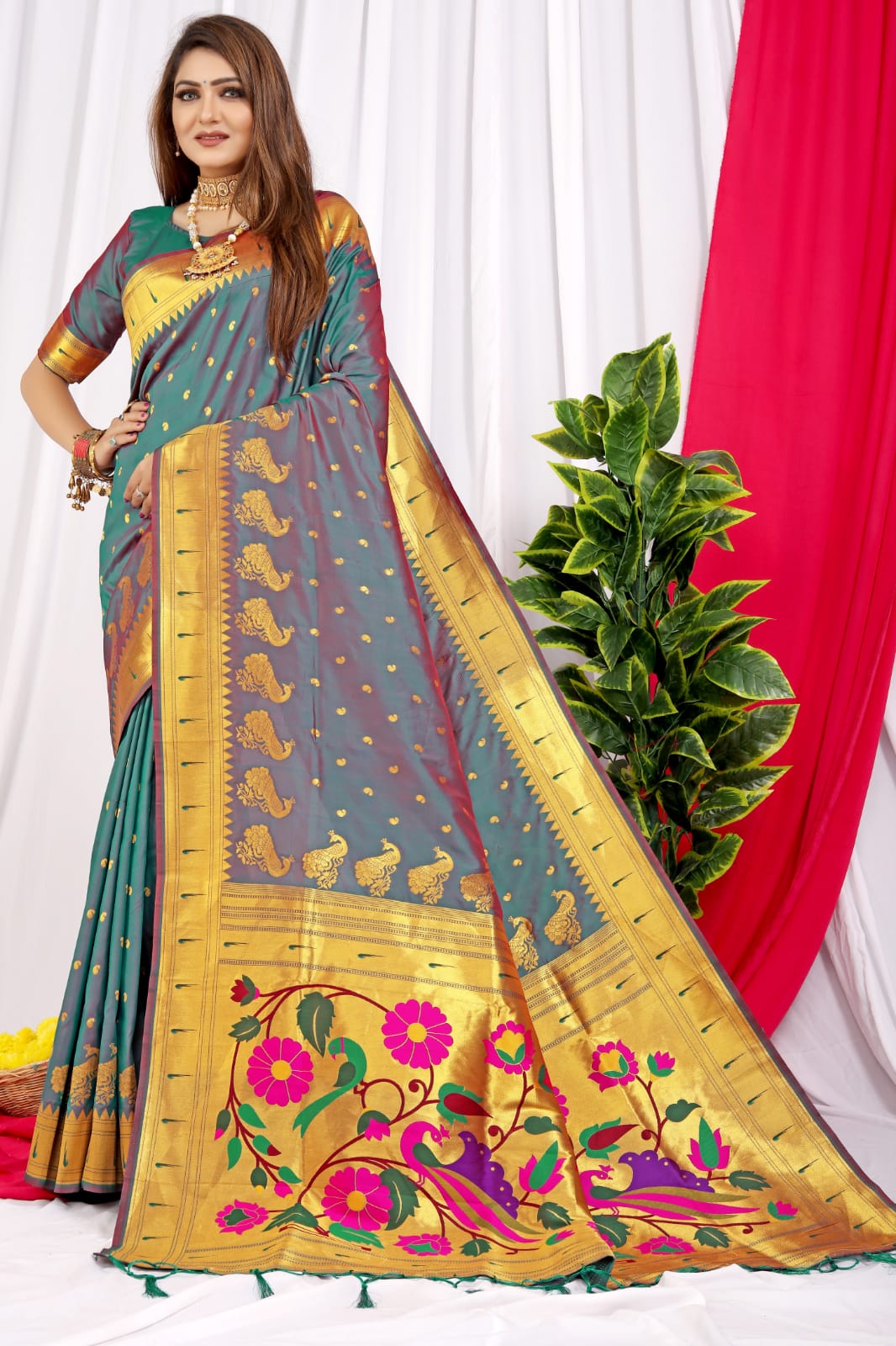 Epiphany Grey Paithani Silk Saree With Jazzy Blouse Piece