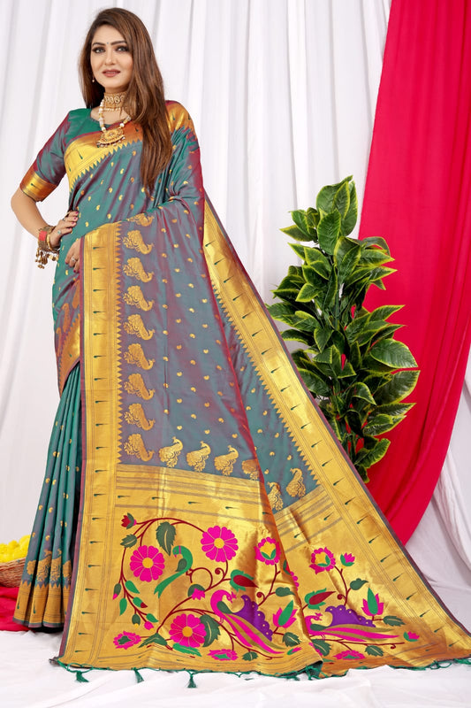 Epiphany Grey Paithani Silk Saree With Jazzy Blouse Piece
