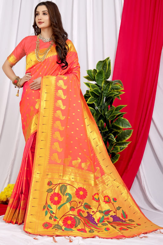 Lassitude Orange Pure Paithani Silk Saree With Jazzy Blouse Piece