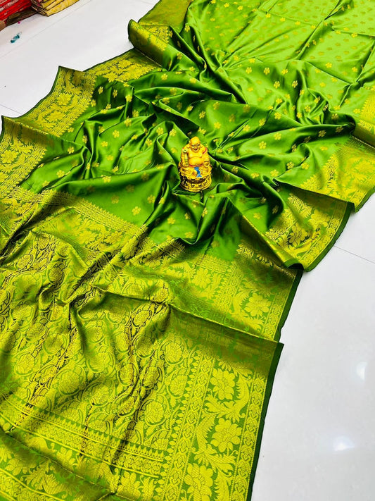 Glittering Mehndi Soft Banarasi Silk Saree With Enchanting Blouse Piece