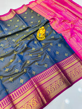Amazing Navy Blue Kanjivaram Silk With Demure Blouse Piece