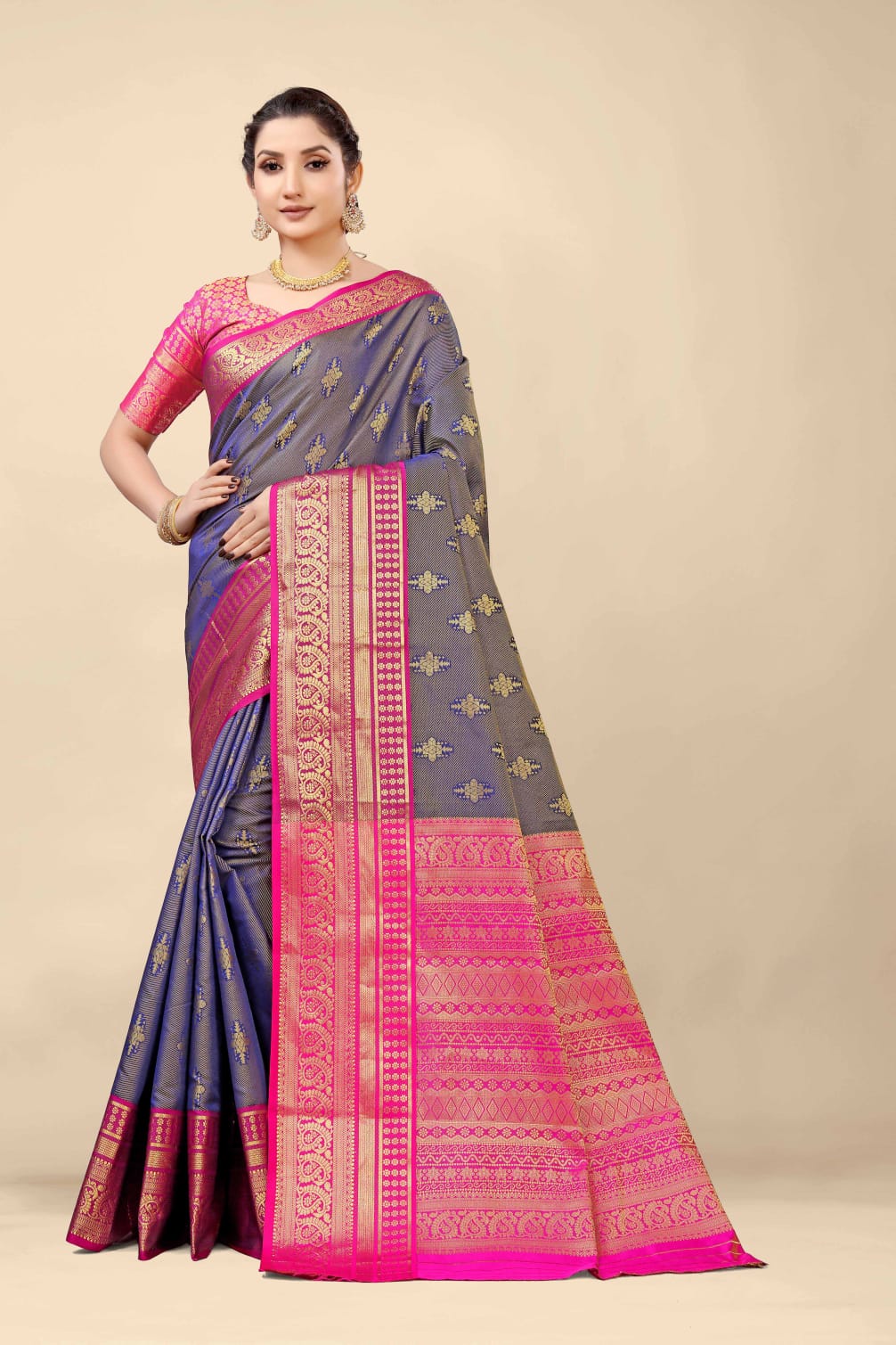 Amazing Navy Blue Kanjivaram Silk With Demure Blouse Piece