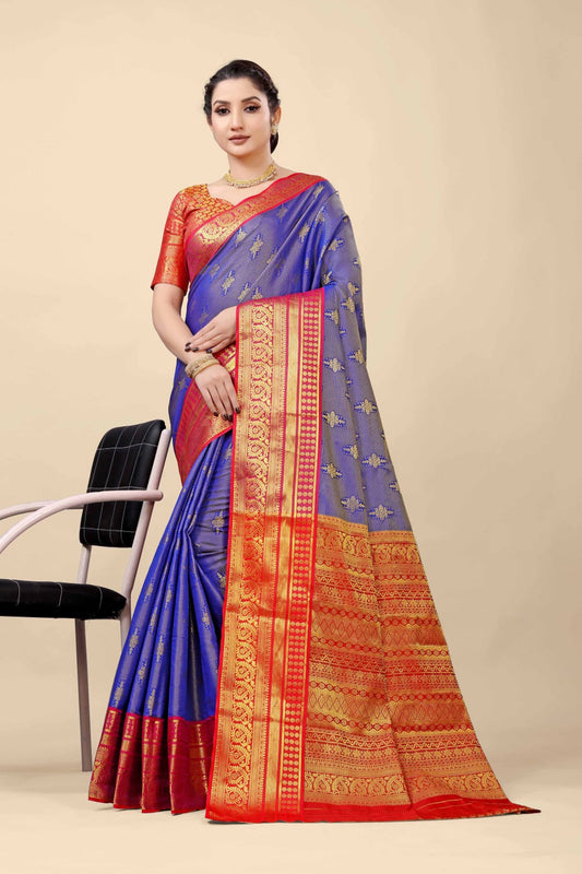 Lovely Royal Blue Kanjivaram Silk With Demure Blouse Piece