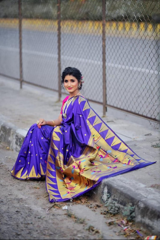 Trendy Blue Paithani Silk Saree With Energetic Blouse Piece