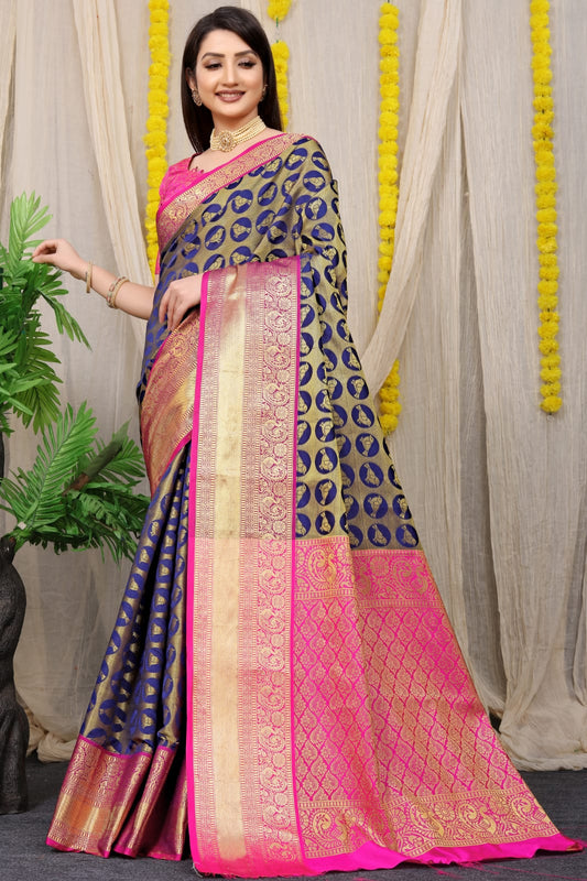 Hypnotic Navy Blue Kanjivaram Silk With Palimpsest Blouse Piece