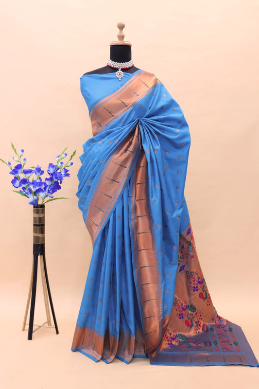 Girlish Firozi Paithani Silk Saree With Charming Blouse Piece