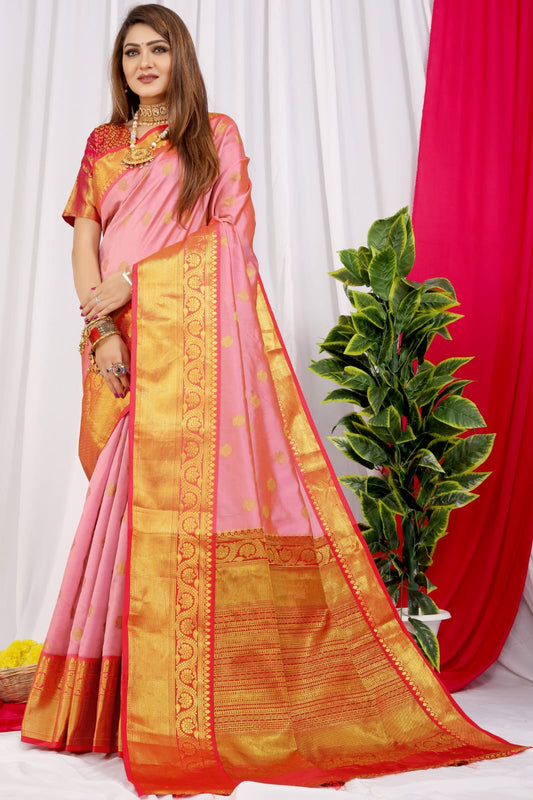 Fragrant Pink Kanjivaram Silk With Glittering Blouse Piece