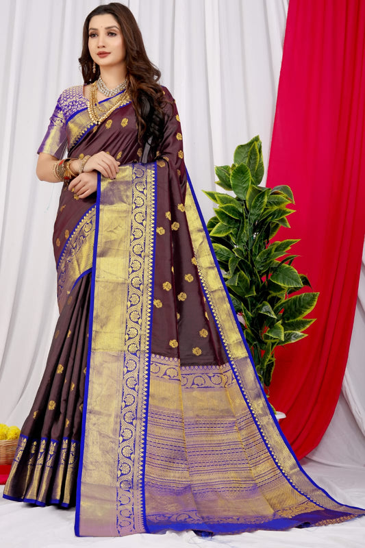 Glittering Wine Kanjivaram Silk With Glittering Blouse Piece