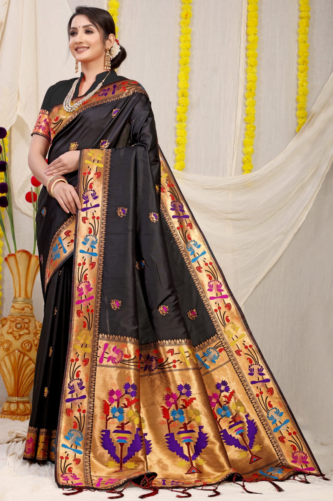 A glam Black Paithani Silk Saree With Gorgeous Blouse Piece