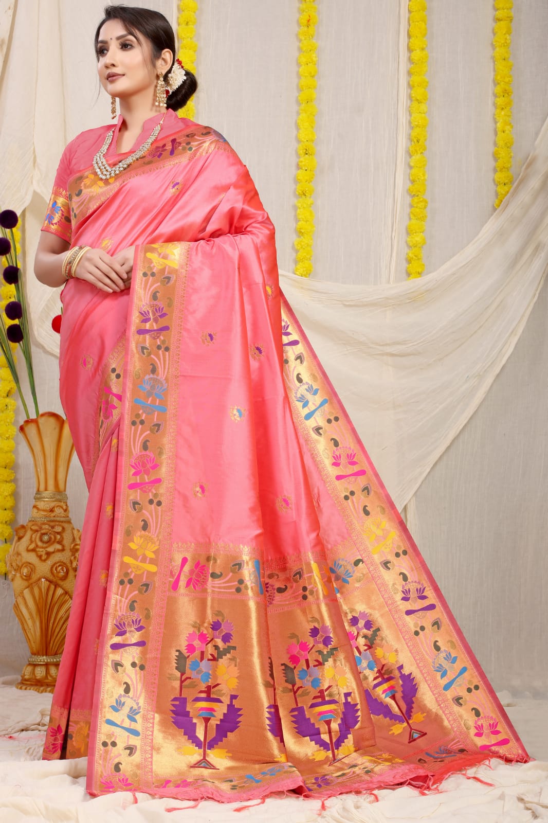 An insanely Pink Paithani Silk Saree With Gorgeous Blouse Piece - Mameraa