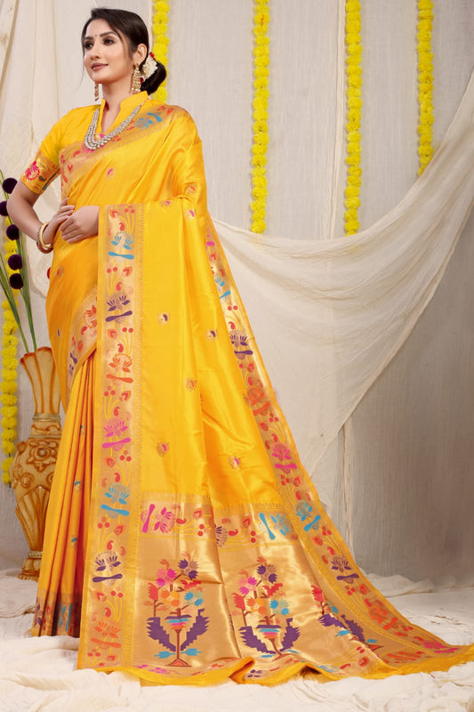 Classic Yellow Paithani Silk Saree With Gorgeous Blouse Piece