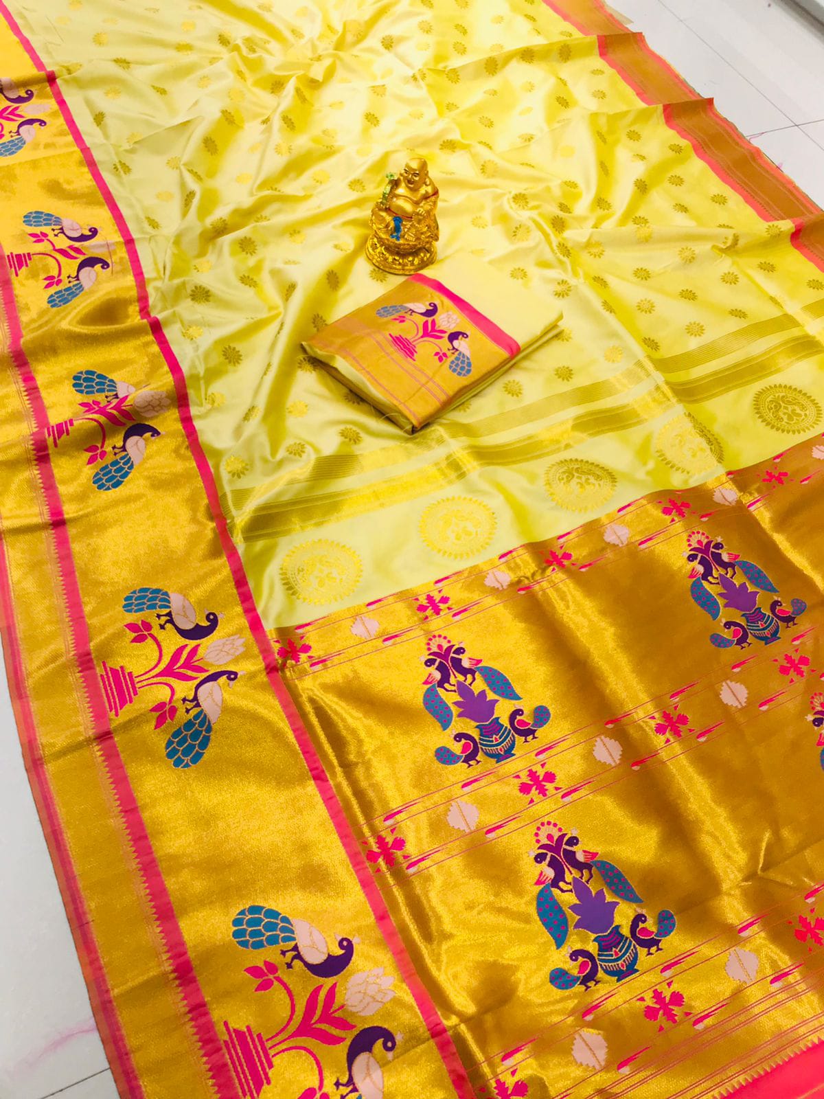 Arresting Beige Paithani Silk Saree With Splendorous Blouse Piece