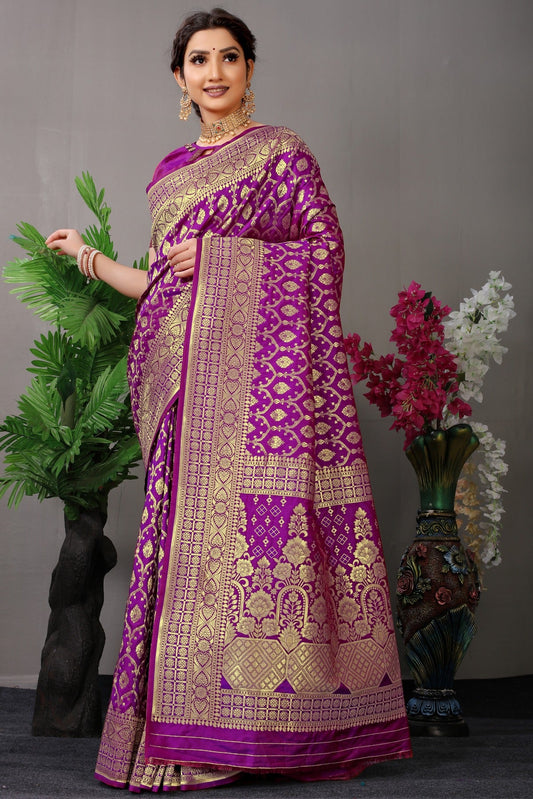 Demanding Purple Banarasi Silk Saree With Fairytale Blouse Piece