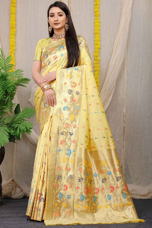 Adoring Beige Paithani Silk Saree With Blissful Blouse Piece