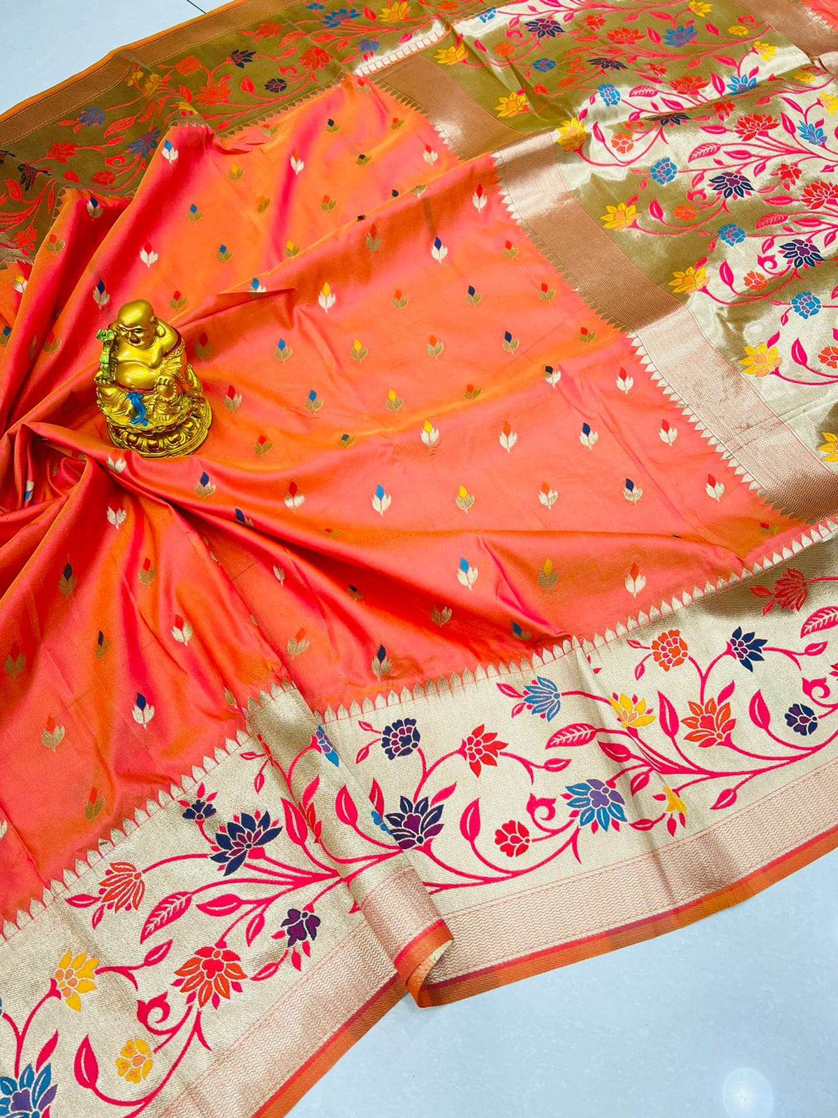 Admirable peach Paithani Silk Saree With Blissful Blouse Piece