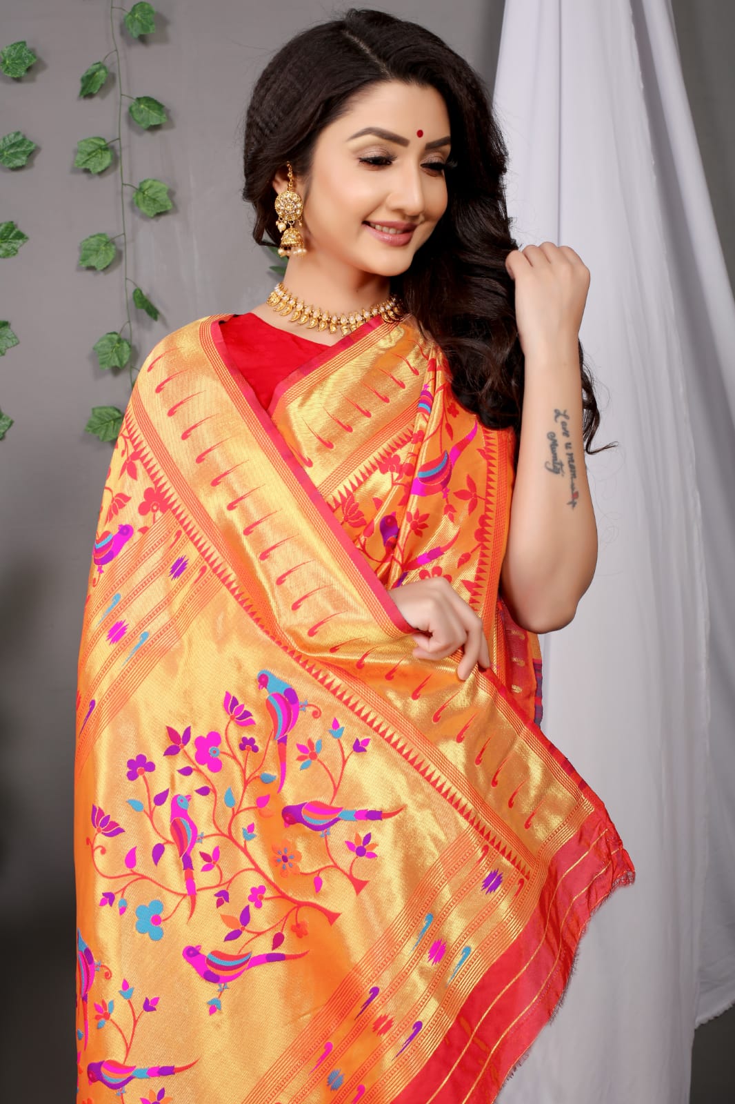 Symmetrical Red Paithani Silk Saree With Ethnic Blouse Piece