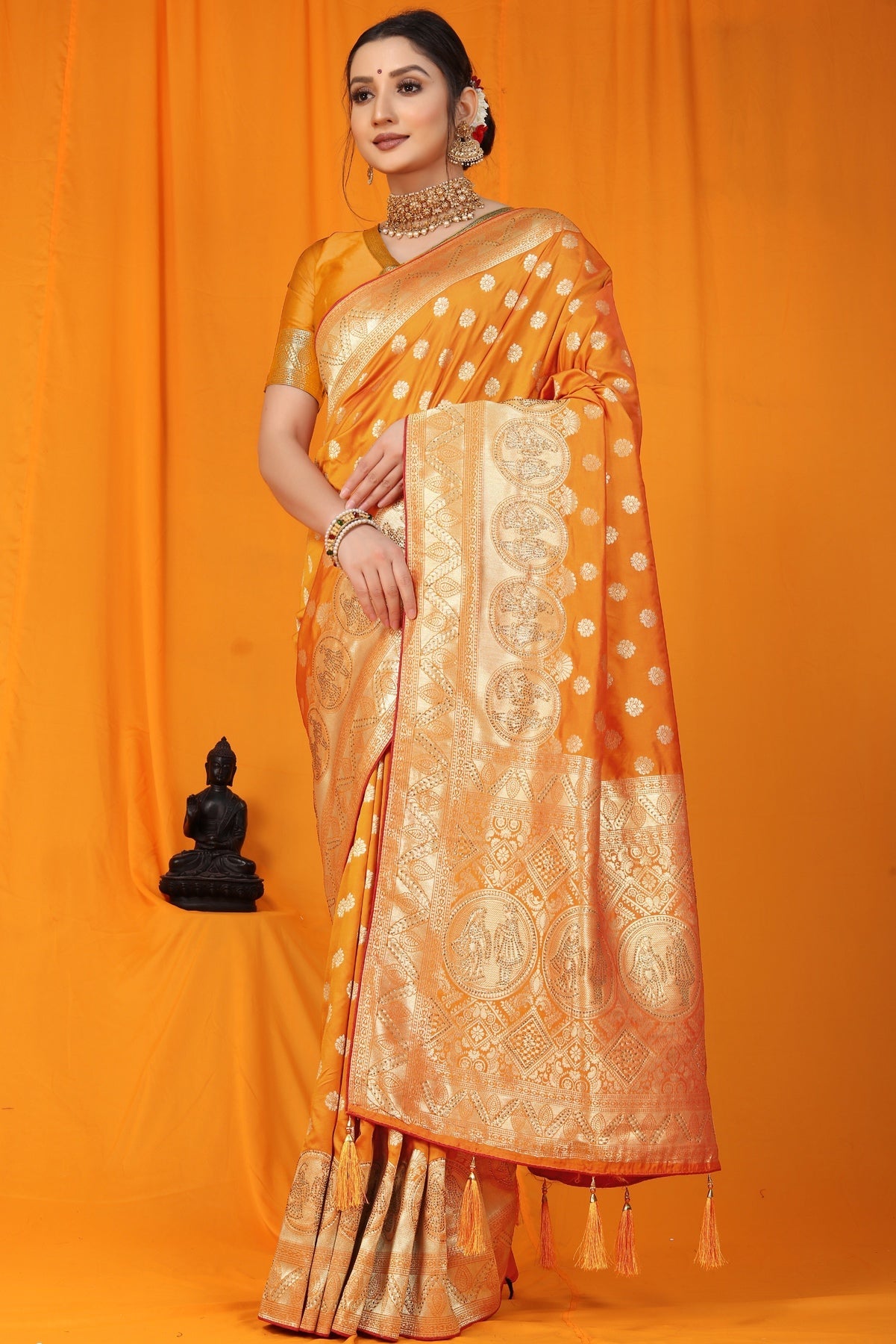 Amiable Orange Banarasi Silk Saree With Scintilla Blouse Piece