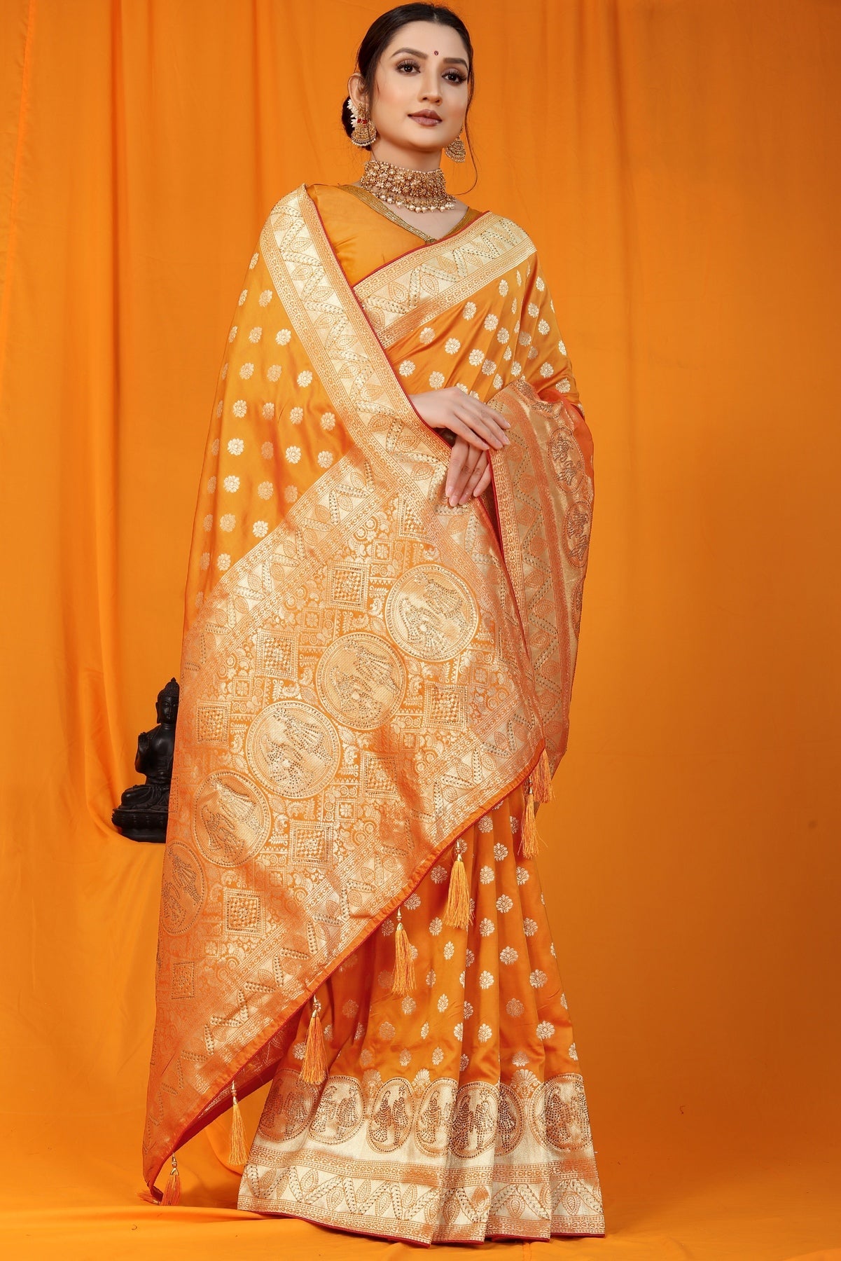 Amiable Orange Banarasi Silk Saree With Scintilla Blouse Piece