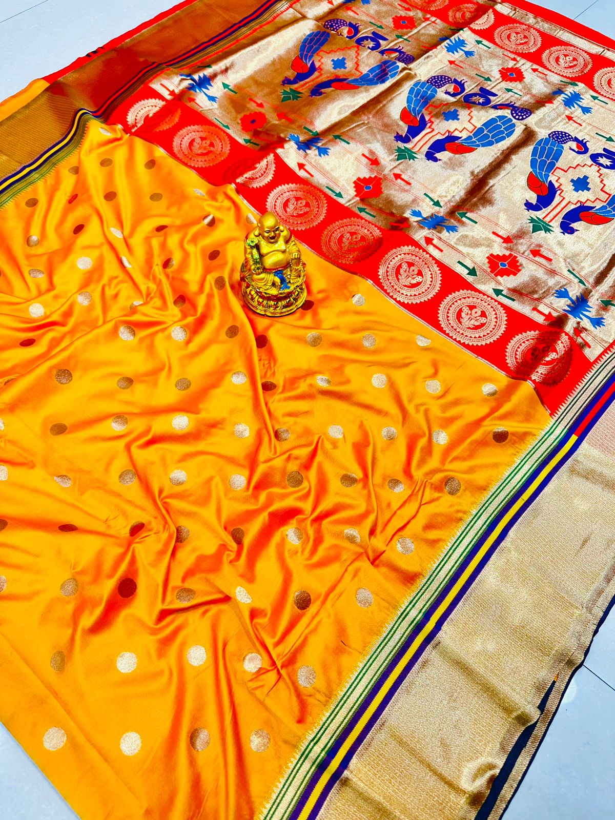 Enticing Orange Paithani Silk Saree With Ailurophile Blouse Piece