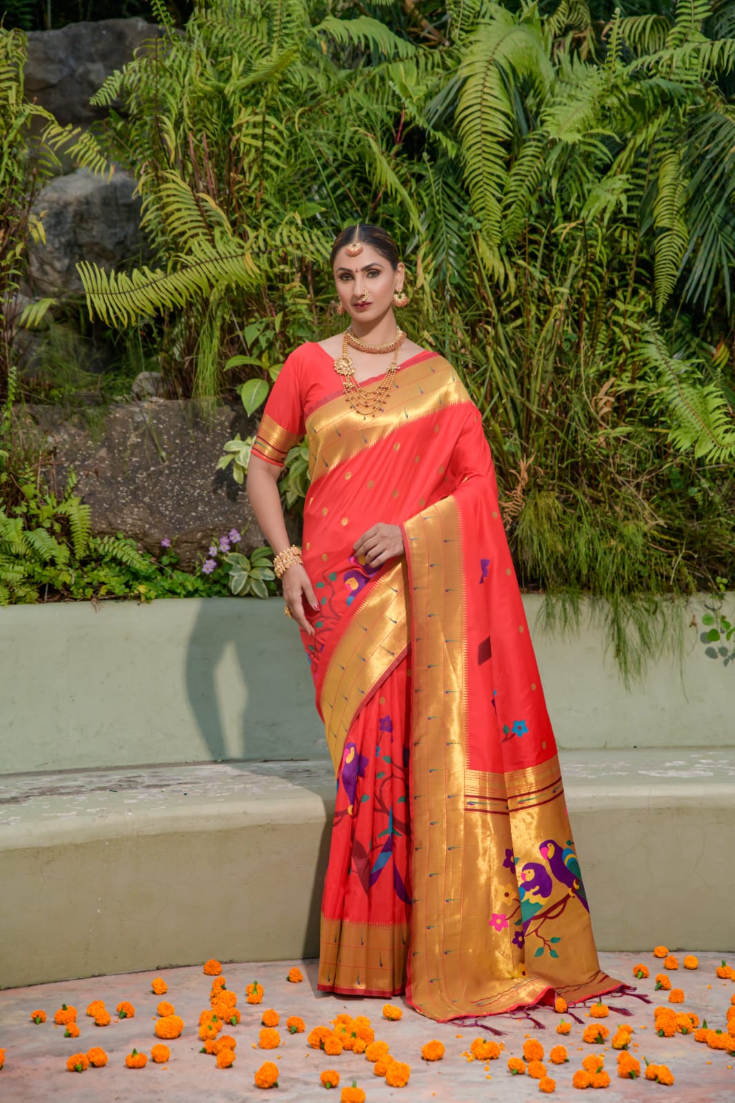 A glam Red Paithani Silk Saree With Stunner Blouse Piece