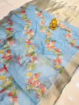Appealing Sky Organza Silk Saree with Adorning Blouse Piece