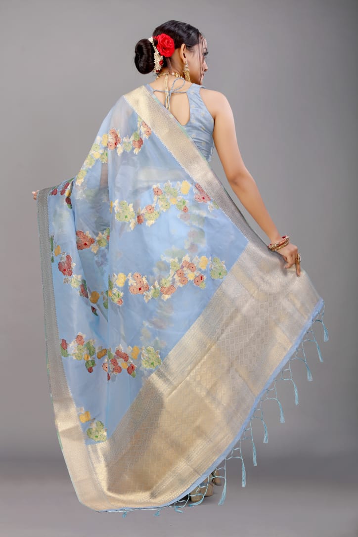Appealing Sky Organza Silk Saree with Adorning Blouse Piece