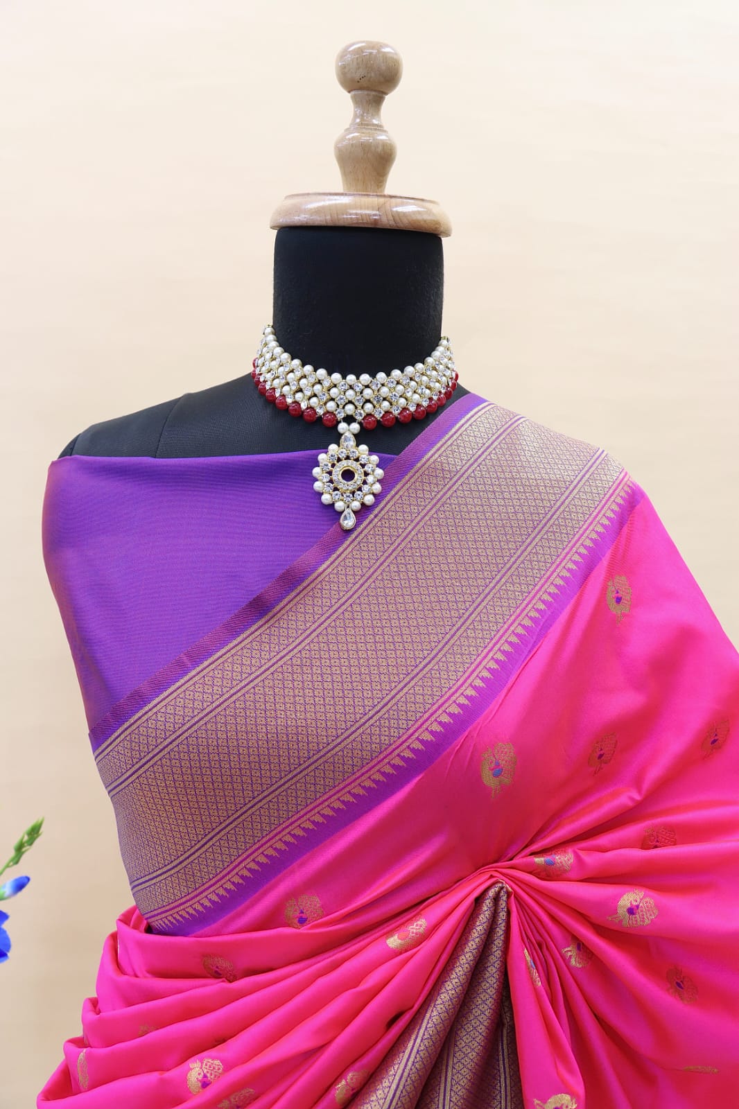 Admirable Dark Pink Paithani Silk Saree With Enticing Blouse Piece