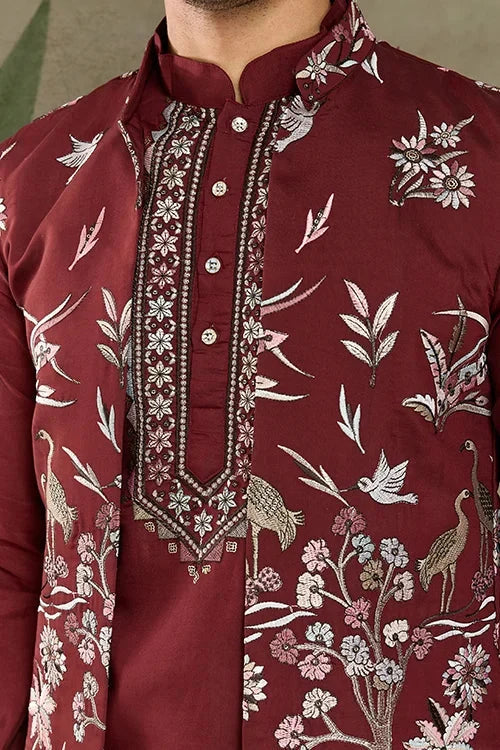 Wedding Special Maroon Kurta Pajama with Open Koti for Men