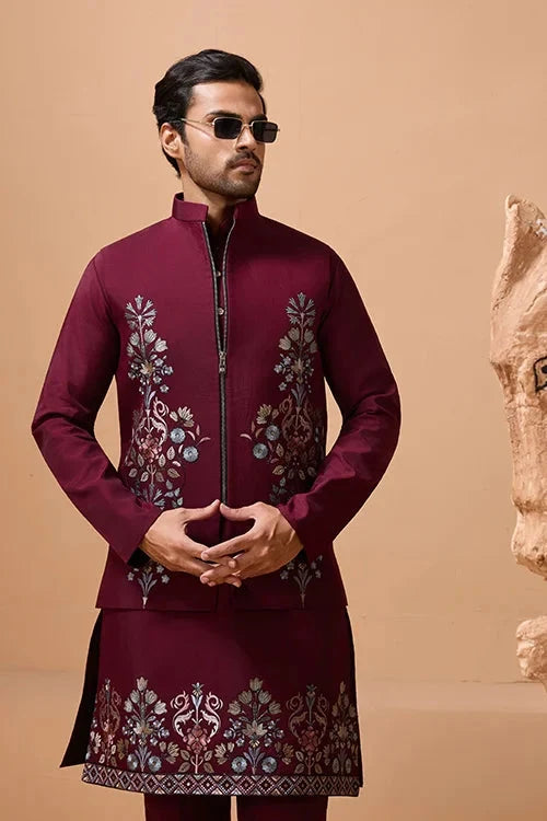 Maroon Color Traditional Special Koti Kurta Set for Men's Wear