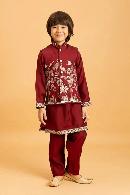 Kids Wedding Special Maroon Koti Kurta Set Outfit