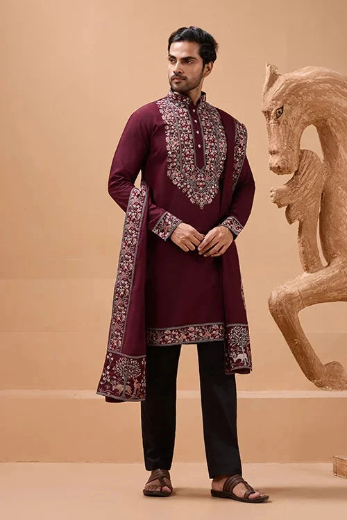 Latest Signature Maroon Kurta and Dupatta for Mens Wear