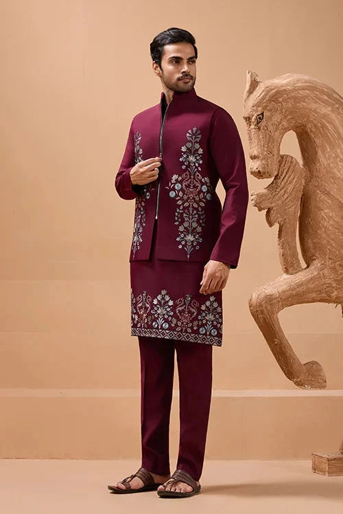Maroon Color Traditional Special Koti Kurta Set for Men's Wear