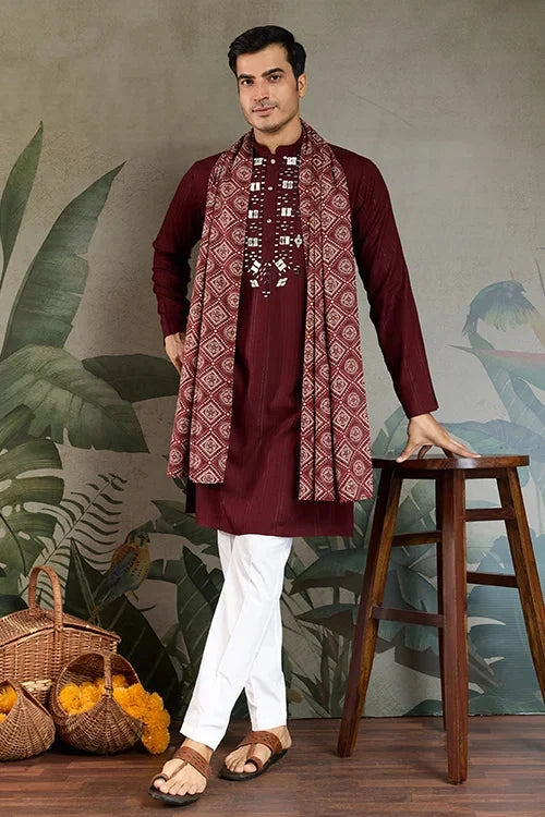 Traditional Maroon Mirror Embroidered Kurta with Dupatta