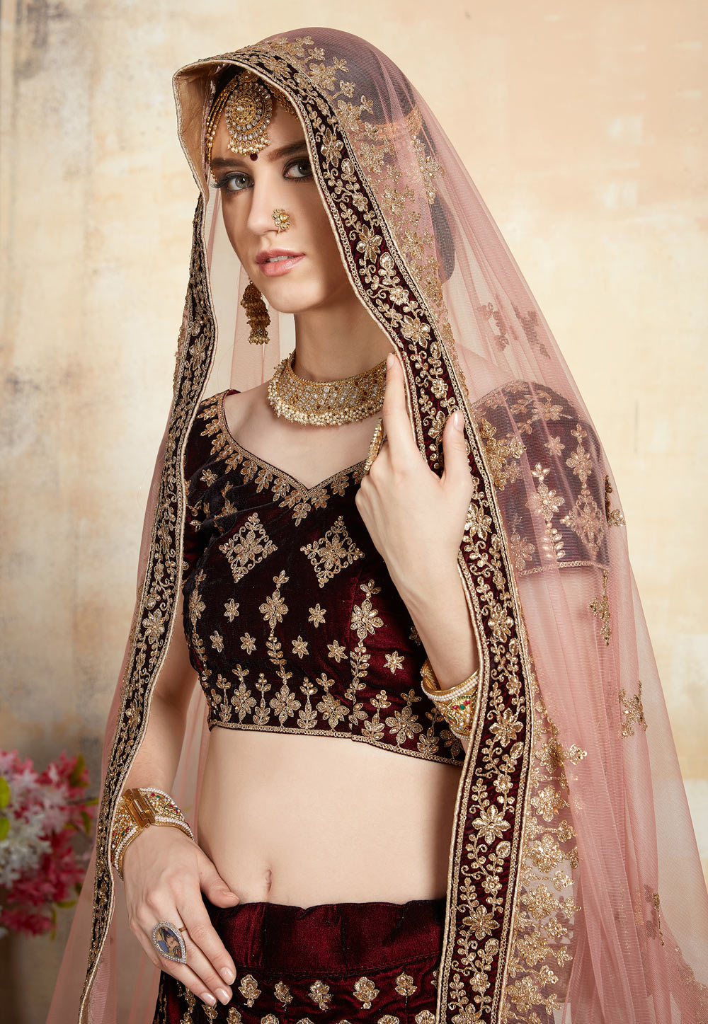 Maroon Adorable Designer Pure Velvet Semi Stitched Lehenga Choli For Wedding Wear