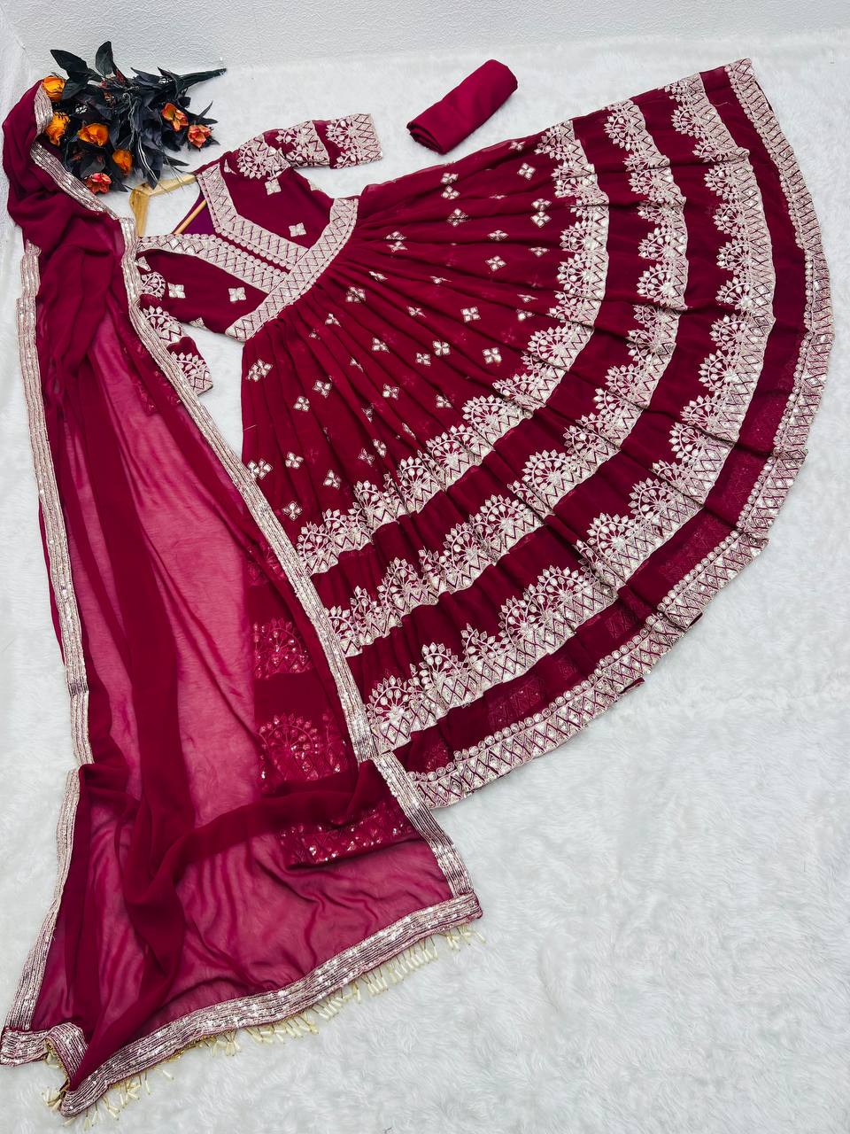 Maroon Anarkali Gown in Faux Georgette with Embroidery Sequence Work