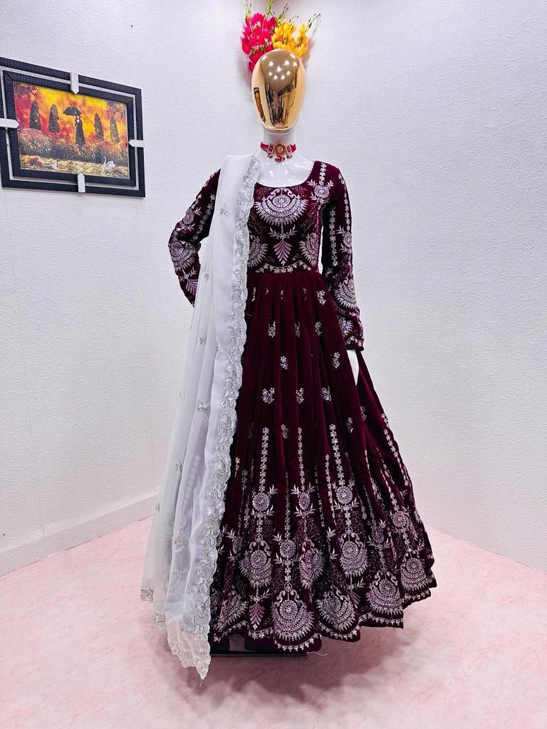 Maroon Anarkali Gown in Velvet with Embroidery Sequence Work