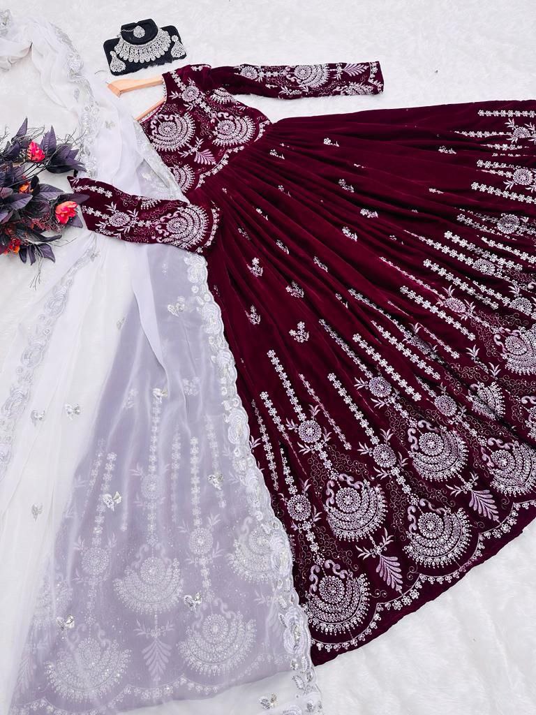 Maroon Anarkali Gown in Velvet with Embroidery Sequence Work