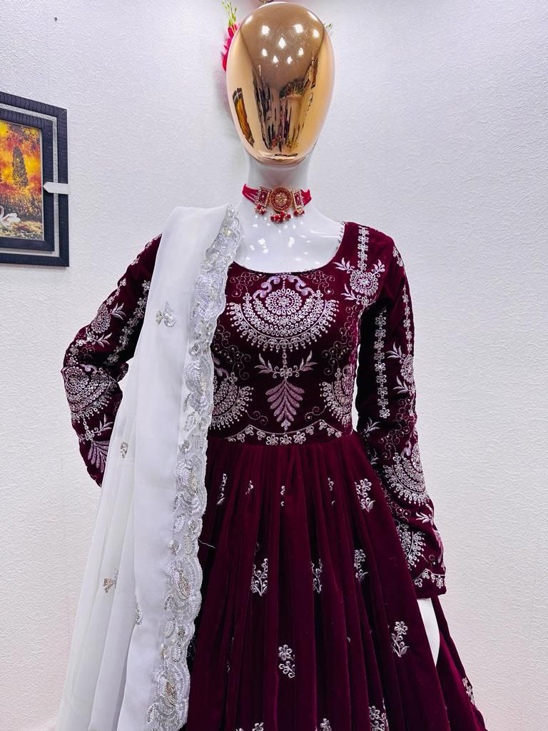 Maroon Anarkali Gown in Velvet with Embroidery Sequence Work