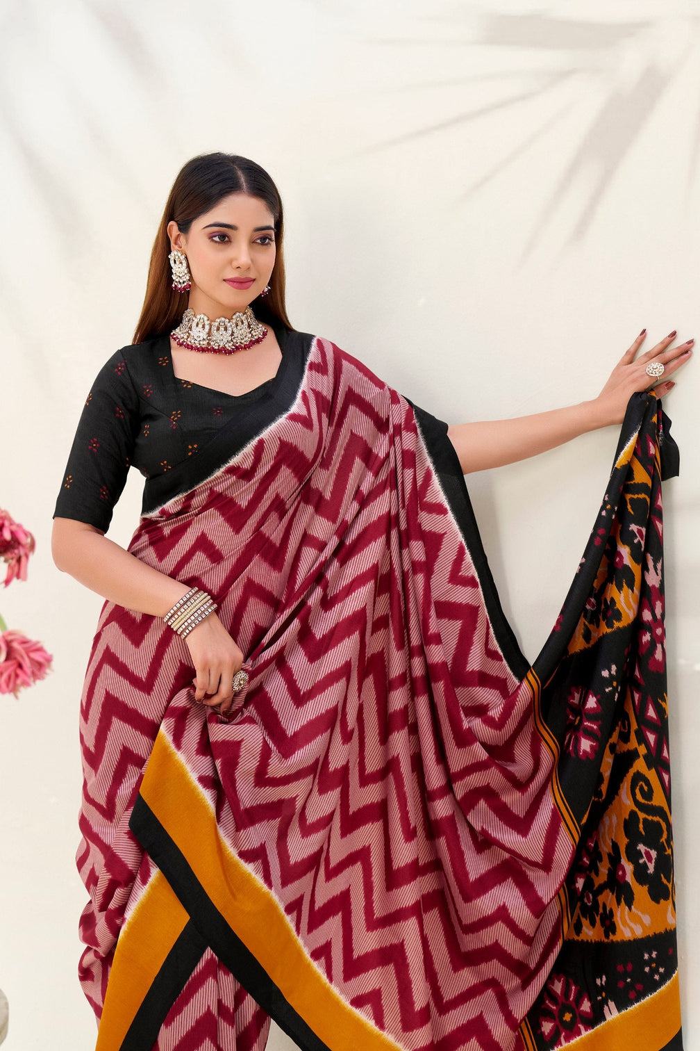 Maroon Elegant Printed Tasar Silk Saree with Matching Unstitched Blouse