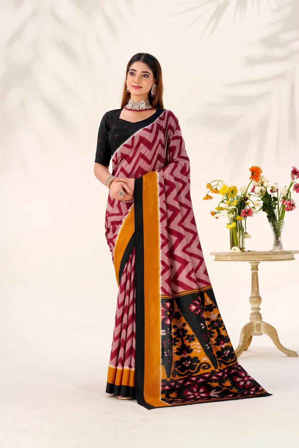Maroon Elegant Printed Tasar Silk Saree with Matching Unstitched Blouse