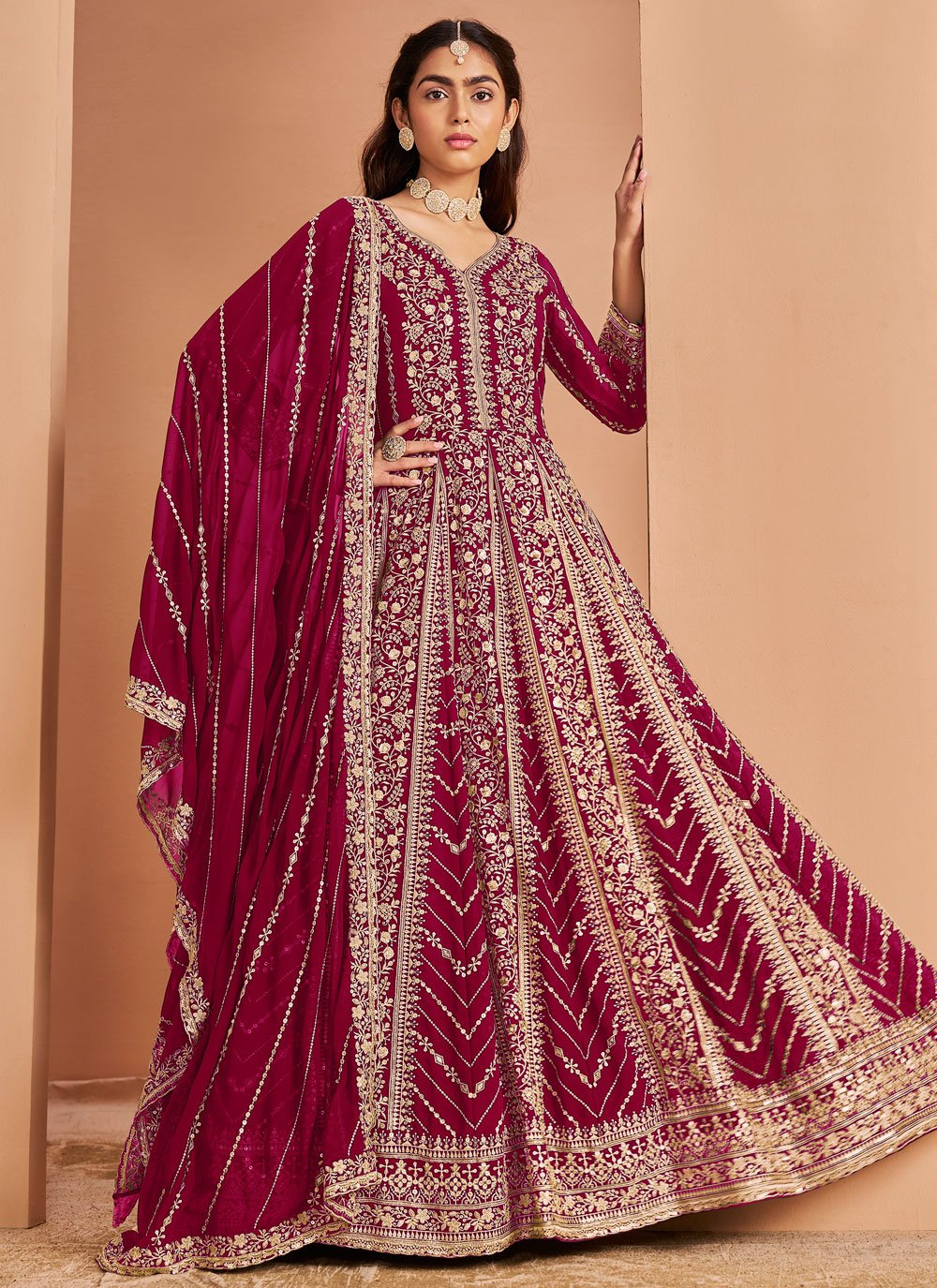 Maroon embroidered faux georgette abaya style suit for women