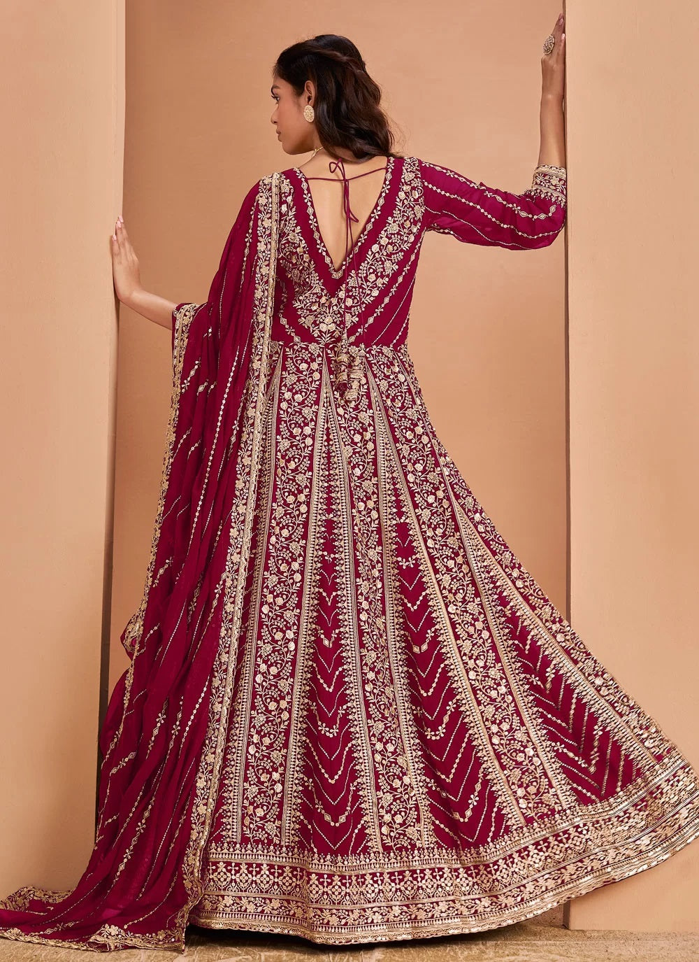 Maroon embroidered faux georgette abaya style suit for women