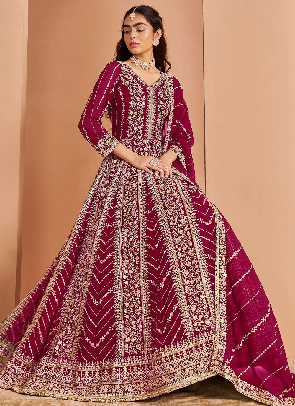 Maroon embroidered faux georgette abaya style suit for women