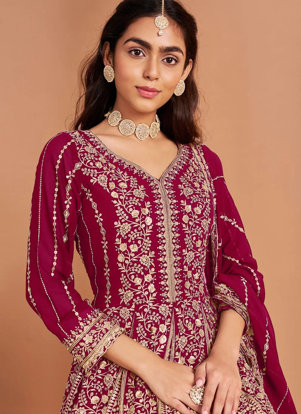 Maroon embroidered faux georgette abaya style suit for women