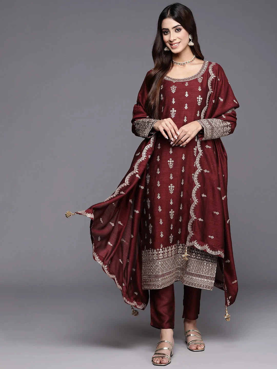 Libas Maroon Embroidered Silk Blend Pakistani Suit