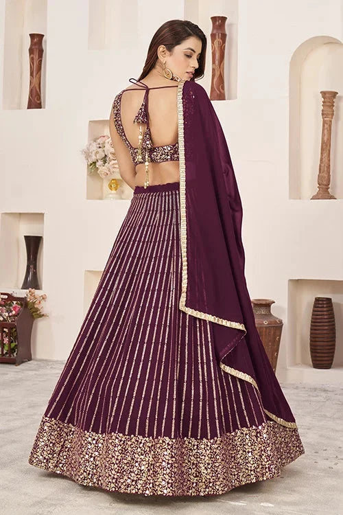 Maroon Georgette Sequins Embroidered Lehenga Choli Ensemble