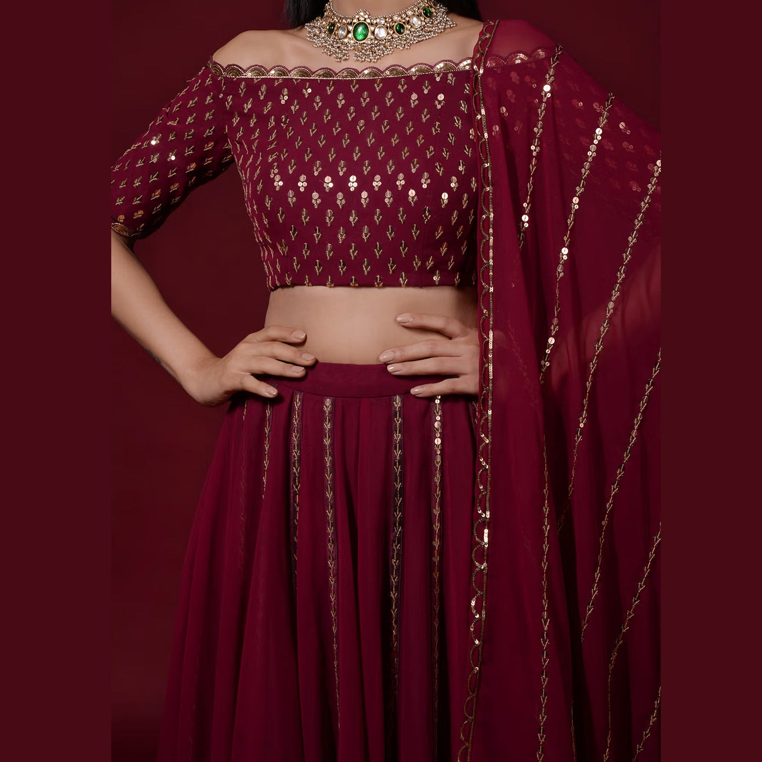 Maroon Lehenga Choli in Georgette with Heavy Sequins and Zari work