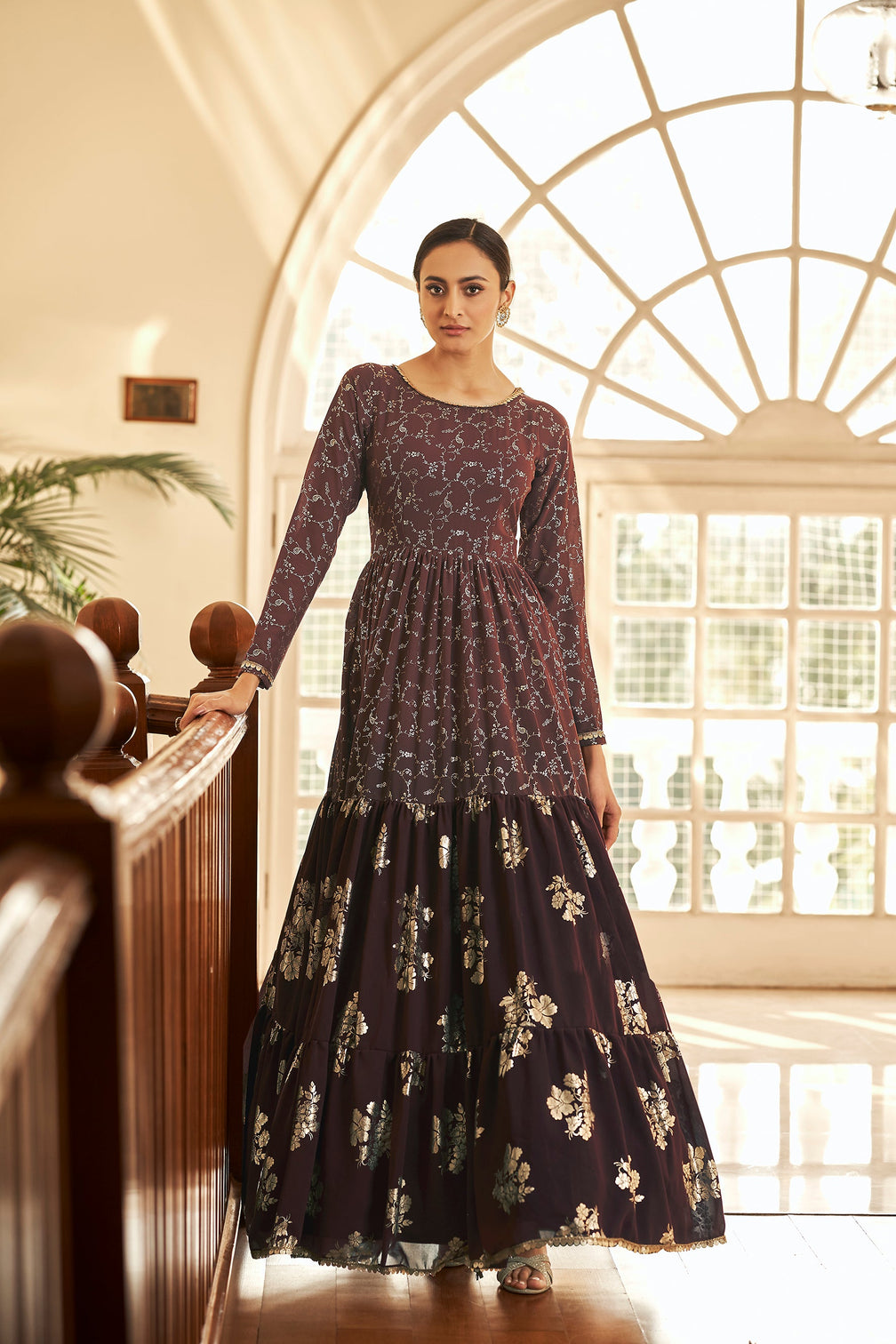Maroon Metallic Foilage Print Georgette Anarkali Long Gown Semi Stitched