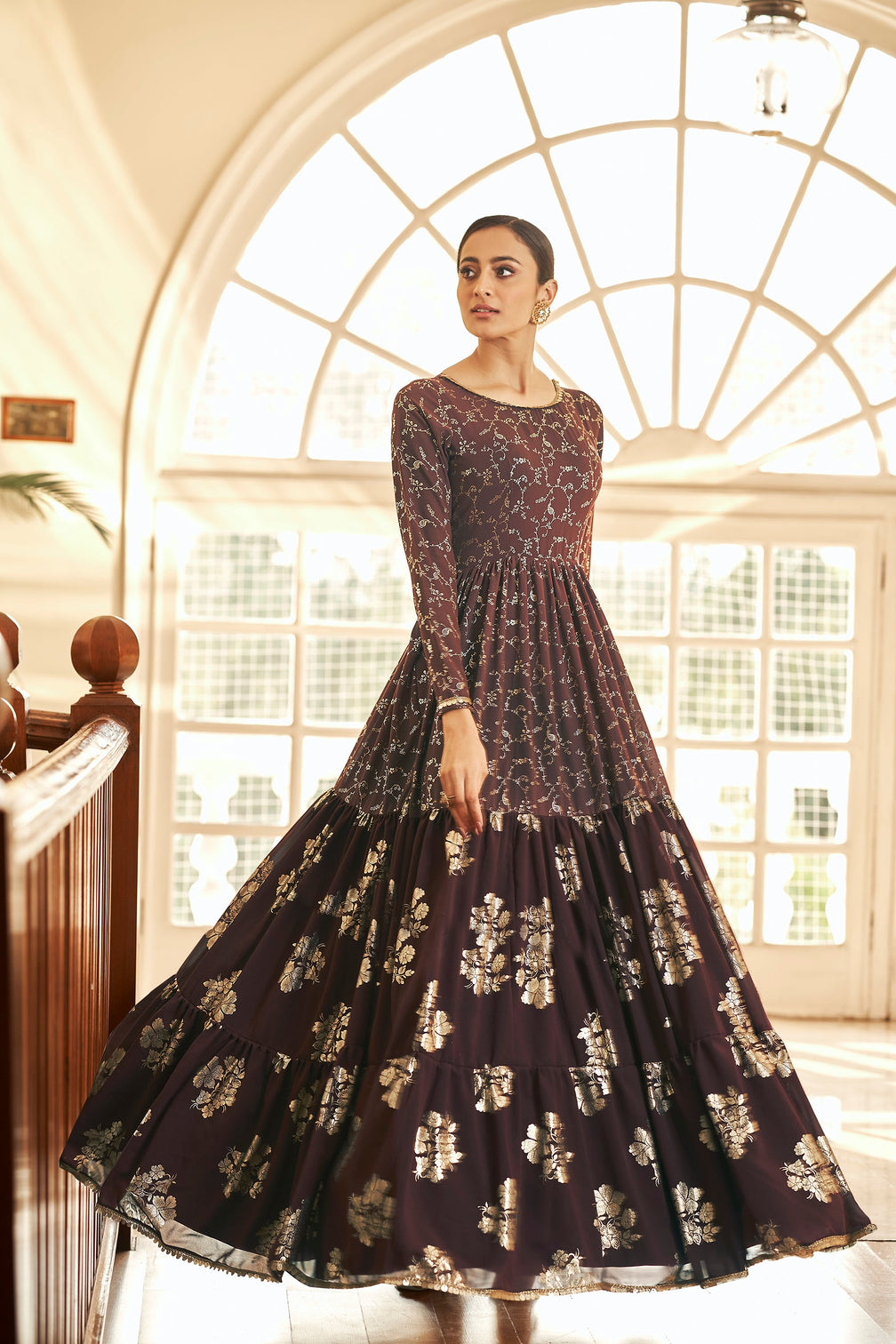 Maroon Metallic Foilage Print Georgette Anarkali Long Gown Semi Stitched
